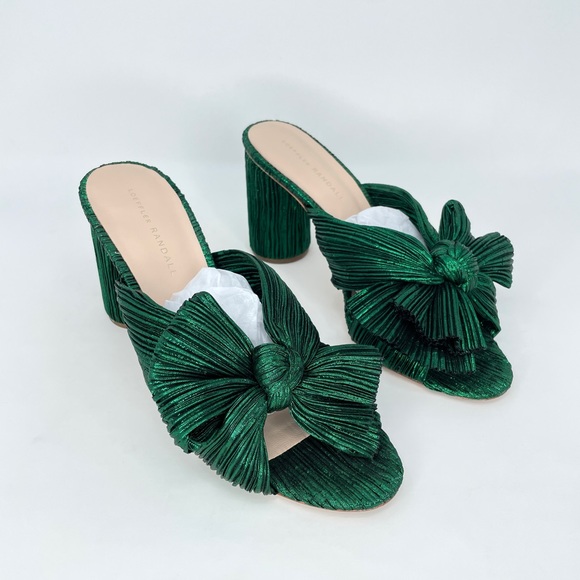 Loeffler Randall Penny Knot Mule High Heel in Pleated Metallic Emerald Green, 10 - Picture 2 of 10
